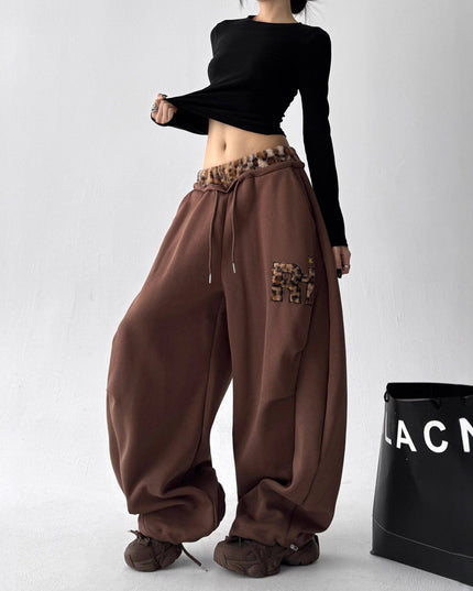 TALKLESSFASHION American vintage plush leopard print embroidered spliced wide-leg casual sweatpants Jazz dance sporty loose scimitar pants