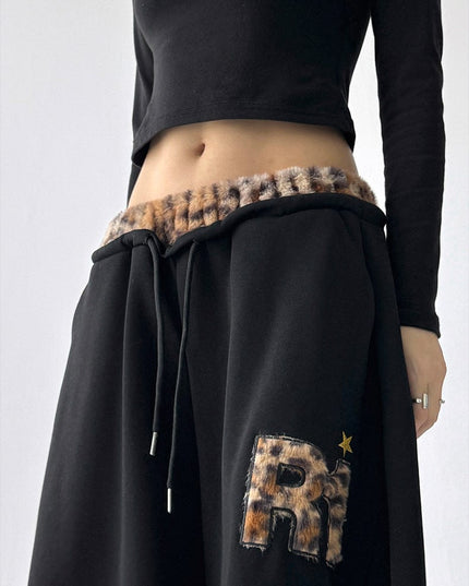 TALKLESSFASHION American vintage plush leopard print embroidered spliced wide-leg casual sweatpants Jazz dance sporty loose scimitar pants