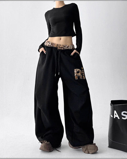 TALKLESSFASHION American vintage plush leopard print embroidered spliced wide-leg casual sweatpants Jazz dance sporty loose scimitar pants
