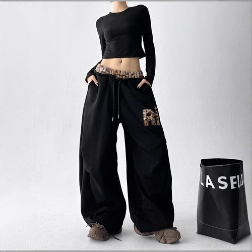 THETLSTUDIO American vintage plush leopard print embroidered spliced wide-leg casual sweatpants Jazz dance sporty loose scimitar pants
