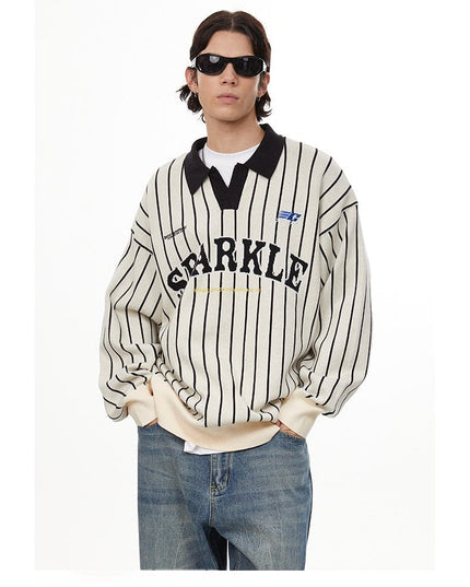 TALKLESSFASHION Apricot / S American retro polo collar striped sweater —-7087