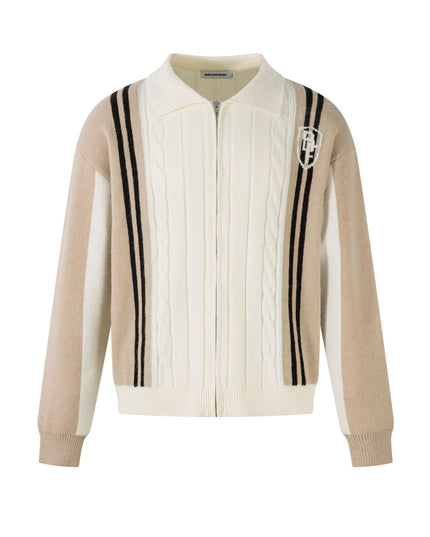 TALKLESSFASHION Apricot / S Color Contrast Long Sleeve Lapel Zipper Sweater —-7089