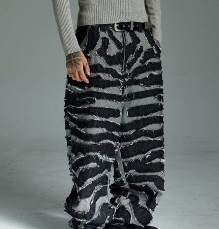 TALKLESSFASHION Autumn 2025 new heavy craft patch embroidered zebra pattern European and American trendy brand denim loose trousers