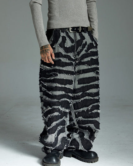 TALKLESSFASHION Autumn 2025 new heavy craft patch embroidered zebra pattern European and American trendy brand denim loose trousers