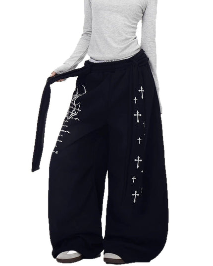 TALKLESSFASHION [Belt] Korean lazy style hip-hop letter cross printed women's winter fleece jazz dance scimitar pants