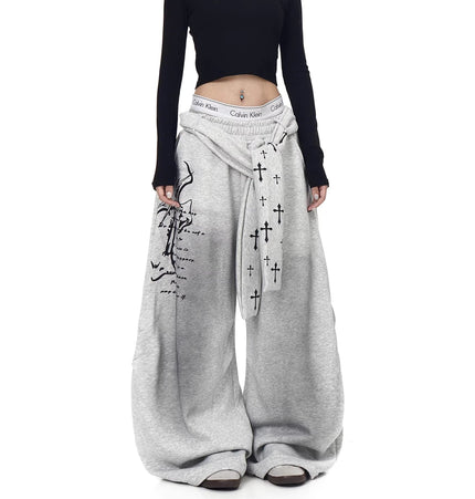 TALKLESSFASHION [Belt] Korean lazy style hip-hop letter cross printed women's winter fleece jazz dance scimitar pants