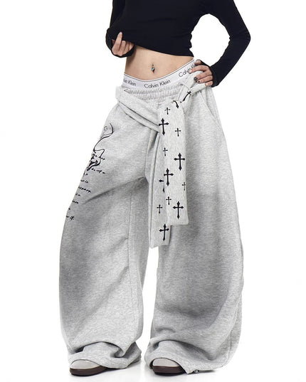 TALKLESSFASHION [Belt] Korean lazy style hip-hop letter cross printed women's winter fleece jazz dance scimitar pants