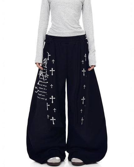 TALKLESSFASHION [Belt] Korean lazy style hip-hop letter cross printed women's winter fleece jazz dance scimitar pants