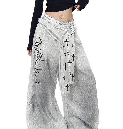 TALKLESSFASHION [Belt] Korean lazy style hip-hop letter cross printed women's winter fleece jazz dance scimitar pants