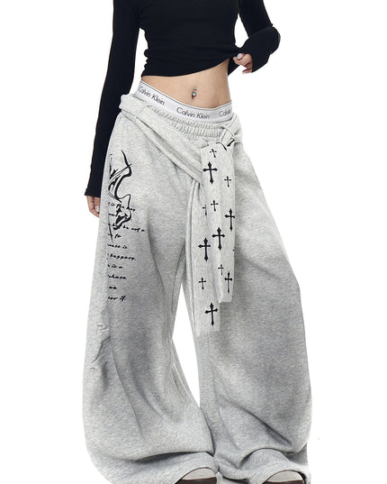 TALKLESSFASHION [Belt] Korean lazy style hip-hop letter cross printed women's winter fleece jazz dance scimitar pants