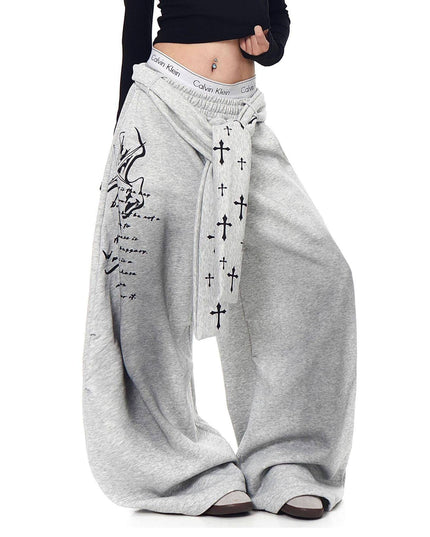 TALKLESSFASHION [Belt] Korean lazy style hip-hop letter cross printed women's winter fleece jazz dance scimitar pants