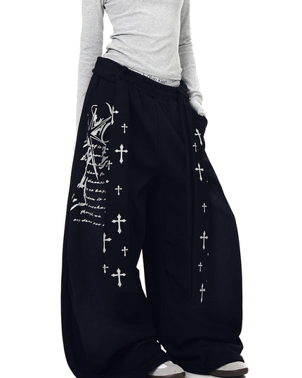 TALKLESSFASHION [Belt] Korean lazy style hip-hop letter cross printed women's winter fleece jazz dance scimitar pants
