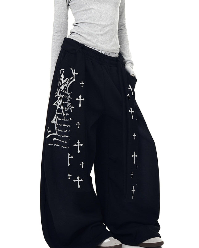TALKLESSFASHION [Belt] Korean lazy style hip-hop letter cross printed women's winter fleece jazz dance scimitar pants