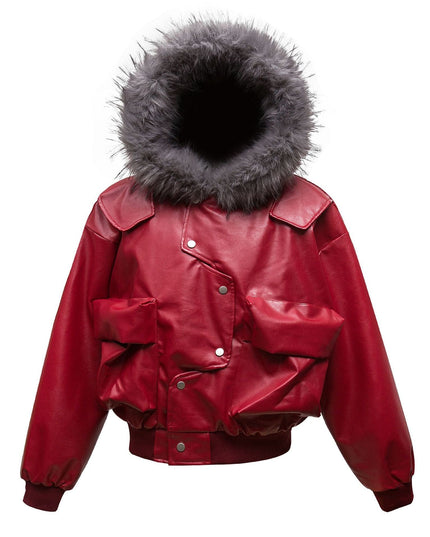 TALKLESSFASHION Big Fur Collar PU Leather Puffer