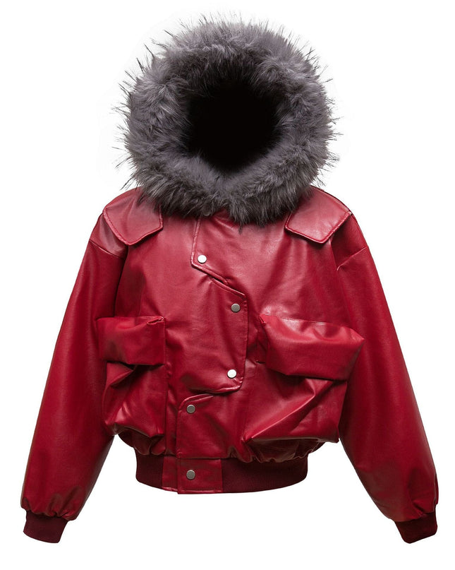 TALKLESSFASHION Big Fur Collar PU Leather Puffer