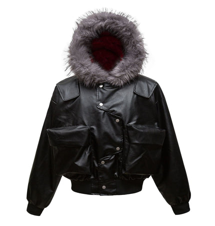 TALKLESSFASHION Big Fur Collar PU Leather Puffer