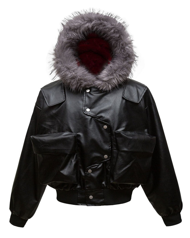 TALKLESSFASHION Big Fur Collar PU Leather Puffer