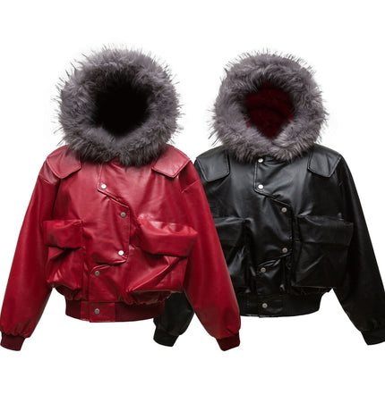 TALKLESSFASHION Big Fur Collar PU Leather Puffer