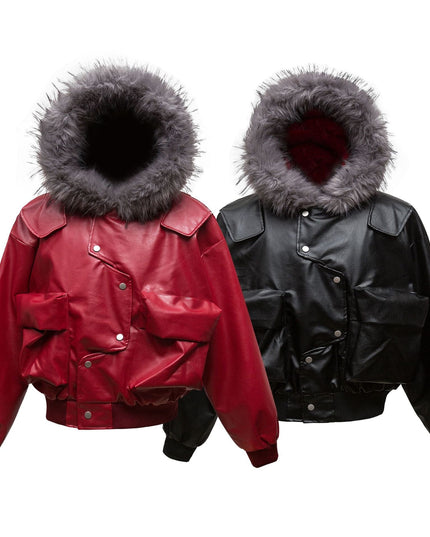TALKLESSFASHION Big Fur Collar PU Leather Puffer
