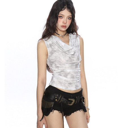 TALKLESSFASHION BIGGOLD American hot girl tie-dye swing collar pleated vest women's summer wasteland style waist slimming sleeveless top