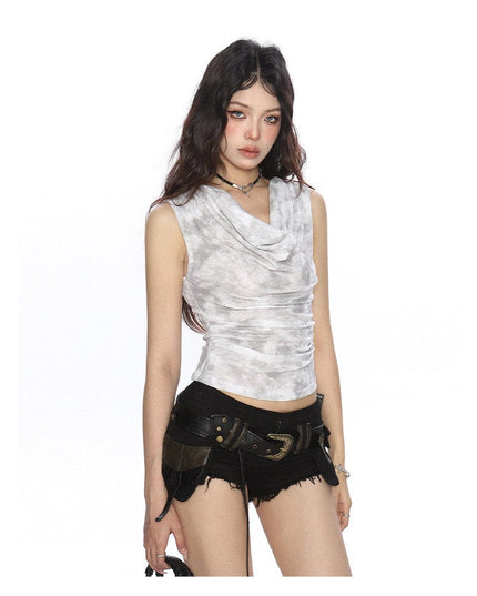 TALKLESSFASHION BIGGOLD American hot girl tie-dye swing collar pleated vest women's summer wasteland style waist slimming sleeveless top