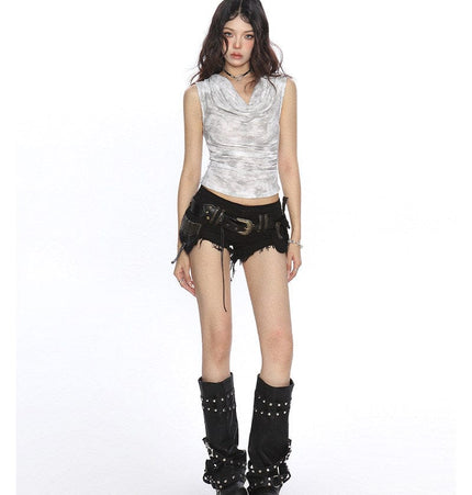 TALKLESSFASHION BIGGOLD American hot girl tie-dye swing collar pleated vest women's summer wasteland style waist slimming sleeveless top
