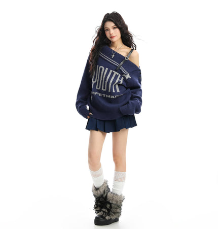 TALKLESSFASHION BIGGOLD American letter design slanted shoulder sweater women's autumn and winter thickened warm off-the-shoulder knit top trend