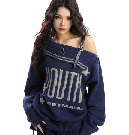 TALKLESSFASHION BIGGOLD American letter design slanted shoulder sweater women's autumn and winter thickened warm off-the-shoulder knit top trend