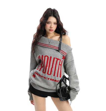TALKLESSFASHION BIGGOLD American letter design slanted shoulder sweater women's autumn and winter thickened warm off-the-shoulder knit top trend