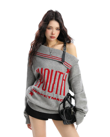 TALKLESSFASHION BIGGOLD American letter design slanted shoulder sweater women's autumn and winter thickened warm off-the-shoulder knit top trend
