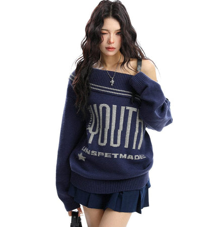 TALKLESSFASHION BIGGOLD American letter design slanted shoulder sweater women's autumn and winter thickened warm off-the-shoulder knit top trend