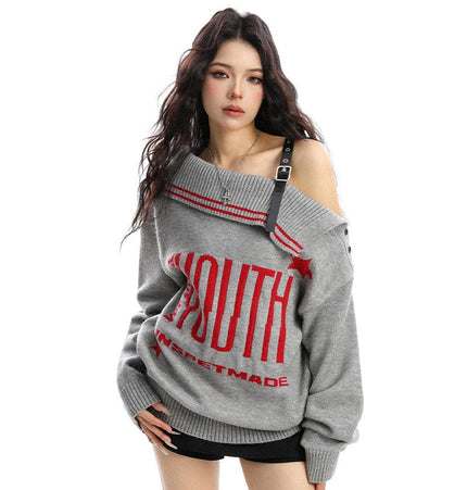TALKLESSFASHION BIGGOLD American letter design slanted shoulder sweater women's autumn and winter thickened warm off-the-shoulder knit top trend