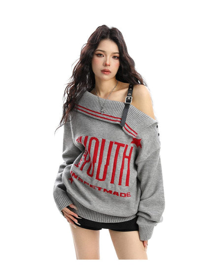 TALKLESSFASHION BIGGOLD American letter design slanted shoulder sweater women's autumn and winter thickened warm off-the-shoulder knit top trend