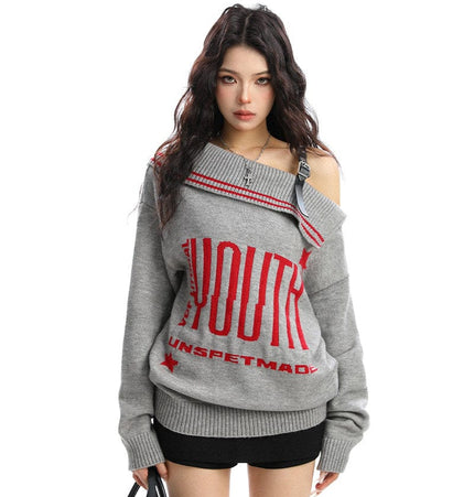 TALKLESSFASHION BIGGOLD American letter design slanted shoulder sweater women's autumn and winter thickened warm off-the-shoulder knit top trend