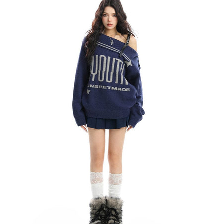 TALKLESSFASHION BIGGOLD American letter design slanted shoulder sweater women's autumn and winter thickened warm off-the-shoulder knit top trend