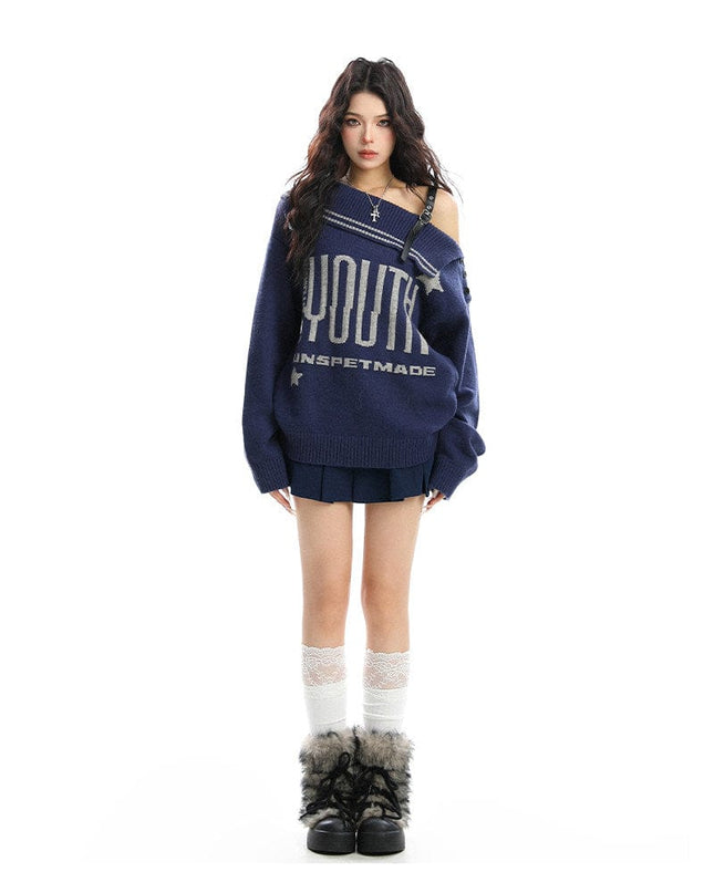 TALKLESSFASHION BIGGOLD American letter design slanted shoulder sweater women's autumn and winter thickened warm off-the-shoulder knit top trend