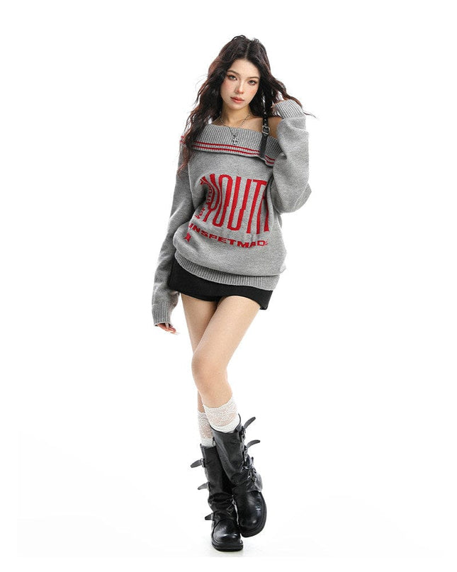 TALKLESSFASHION BIGGOLD American letter design slanted shoulder sweater women's autumn and winter thickened warm off-the-shoulder knit top trend