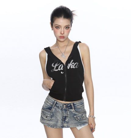 TALKLESSFASHION BIGGOLD American Spice Girl Sequins Sleeveless Hooded Vest Women's Summer Sexy Backless Slimming Sports Top Trend