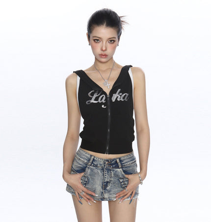 TALKLESSFASHION BIGGOLD American Spice Girl Sequins Sleeveless Hooded Vest Women's Summer Sexy Backless Slimming Sports Top Trend