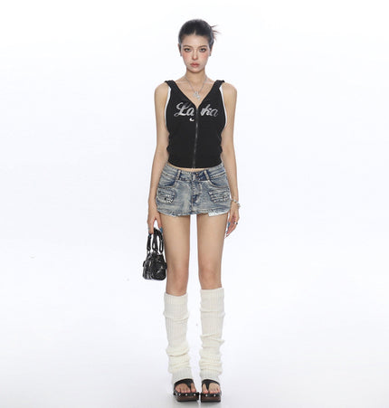 TALKLESSFASHION BIGGOLD American Spice Girl Sequins Sleeveless Hooded Vest Women's Summer Sexy Backless Slimming Sports Top Trend