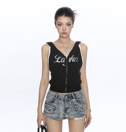 TALKLESSFASHION BIGGOLD American Spice Girl Sequins Sleeveless Hooded Vest Women's Summer Sexy Backless Slimming Sports Top Trend