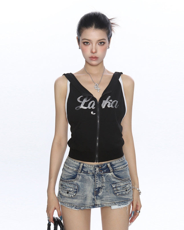 TALKLESSFASHION BIGGOLD American Spice Girl Sequins Sleeveless Hooded Vest Women's Summer Sexy Backless Slimming Sports Top Trend