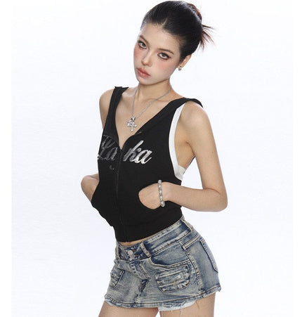 TALKLESSFASHION BIGGOLD American Spice Girl Sequins Sleeveless Hooded Vest Women's Summer Sexy Backless Slimming Sports Top Trend