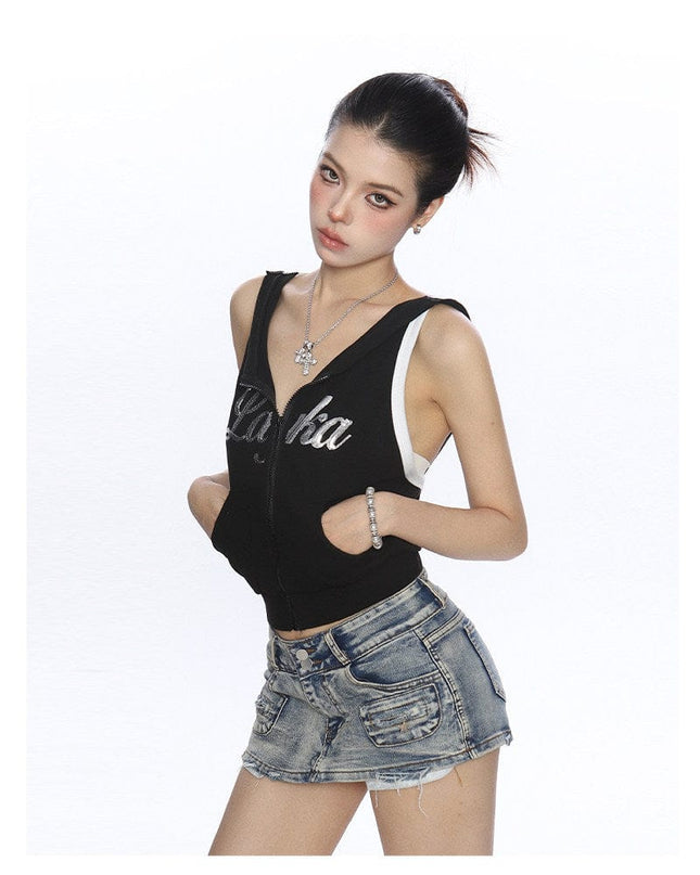 TALKLESSFASHION BIGGOLD American Spice Girl Sequins Sleeveless Hooded Vest Women's Summer Sexy Backless Slimming Sports Top Trend