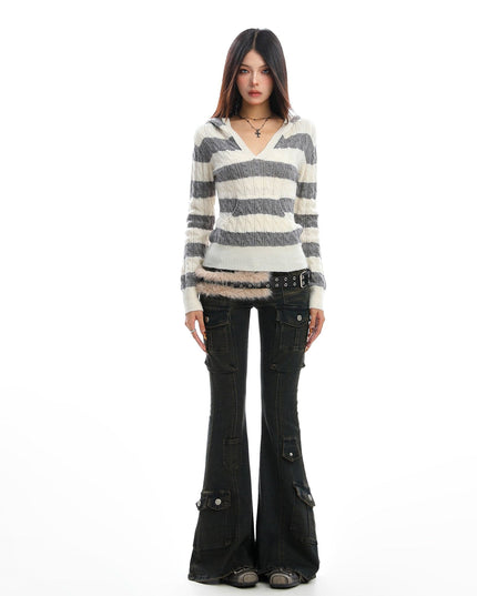 TALKLESSFASHION BIGGOLD American vintage hot girl contrast striped V-neck hooded knit sweater for women autumn slimming top