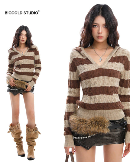 TALKLESSFASHION BIGGOLD American vintage hot girl contrast striped V-neck hooded knit sweater for women autumn slimming top