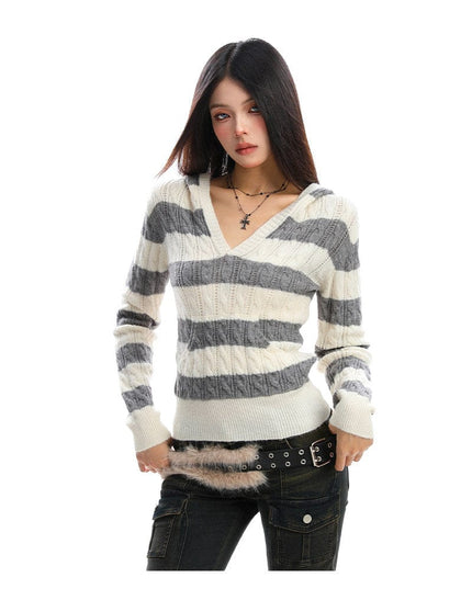 TALKLESSFASHION BIGGOLD American vintage hot girl contrast striped V-neck hooded knit sweater for women autumn slimming top