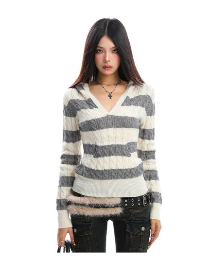 TALKLESSFASHION BIGGOLD American vintage hot girl contrast striped V-neck hooded knit sweater for women autumn slimming top