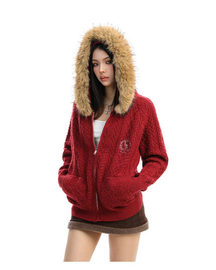 TALKLESSFASHION BIGGOLD Christmas and New Year fur collar hooded red sweater women's autumn and winter atmosphere warm knitted cardigan top