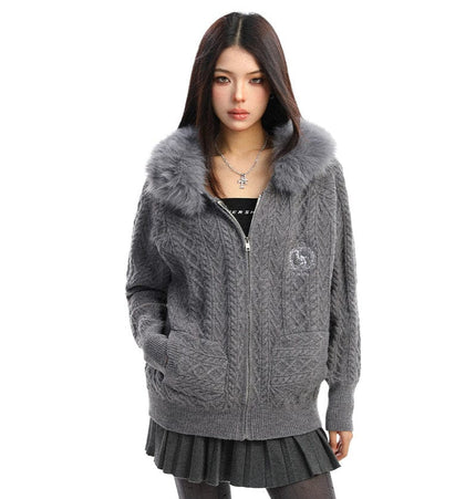 TALKLESSFASHION BIGGOLD Christmas and New Year fur collar hooded red sweater women's autumn and winter atmosphere warm knitted cardigan top